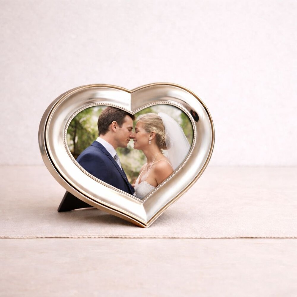 Heart Shaped Silver Picture Frame Ribbed Bezel 7x5 Wedding Anniversary Gift
